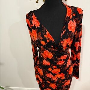 ASOS Curve Black and Red Floral Long Sleeve Dress
